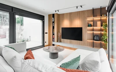 Panel decorativo con librería y mueble TV